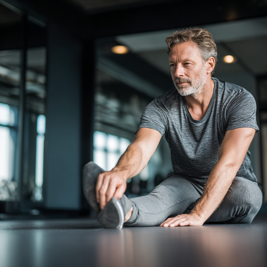A healthy 52-year-old man in comfortable workout clothes stretching in a modern gym environment, showing flexibility and wellness